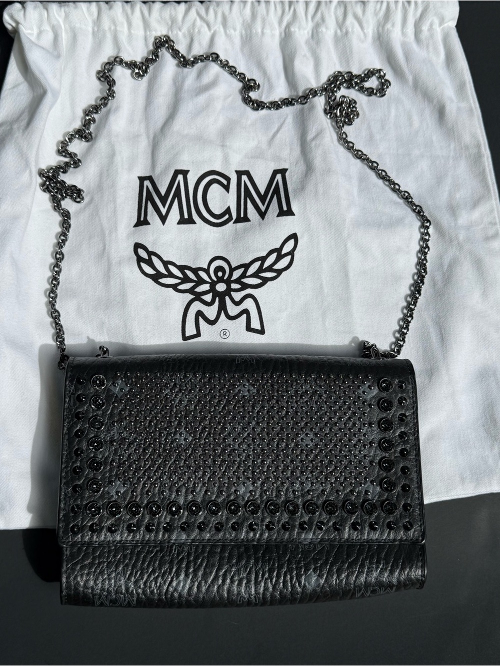 MCM Black Visetos Studded Chain Wallet Crossbody Bag